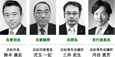 [名誉団長]浜松市長 鈴木 康友、[名誉顧問]浜松市教育長 児玉 一記、[本部長]浜松青年会議所 三井 史生、[実行委員長]浜松青年会議所 河合 貴芳